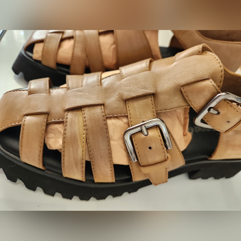 Free People Tan Woven Leather Platform Sandals - Picture 9 of 10